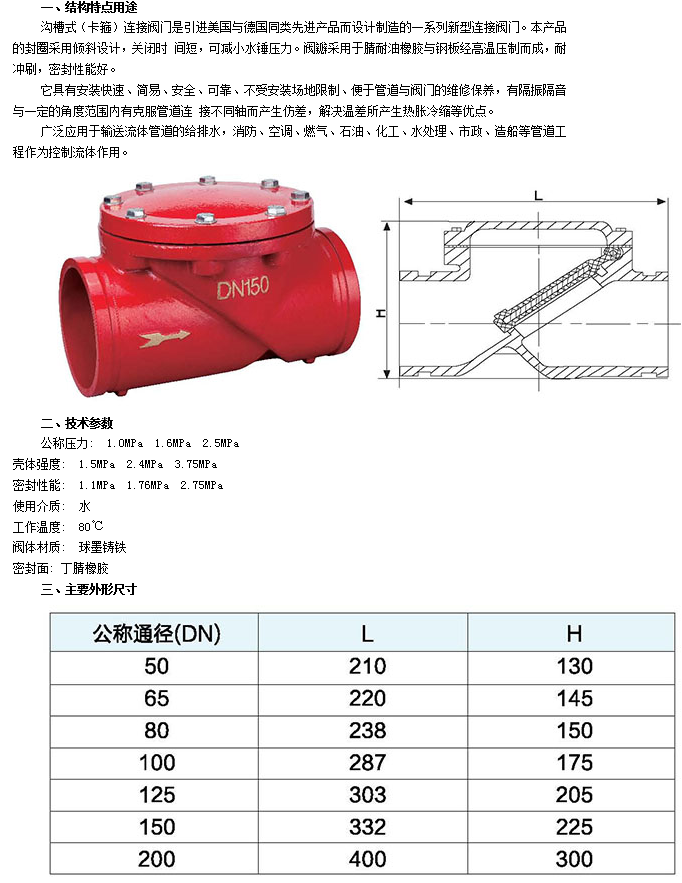 乐天堂沟槽式橡胶瓣止回阀H84X参数图